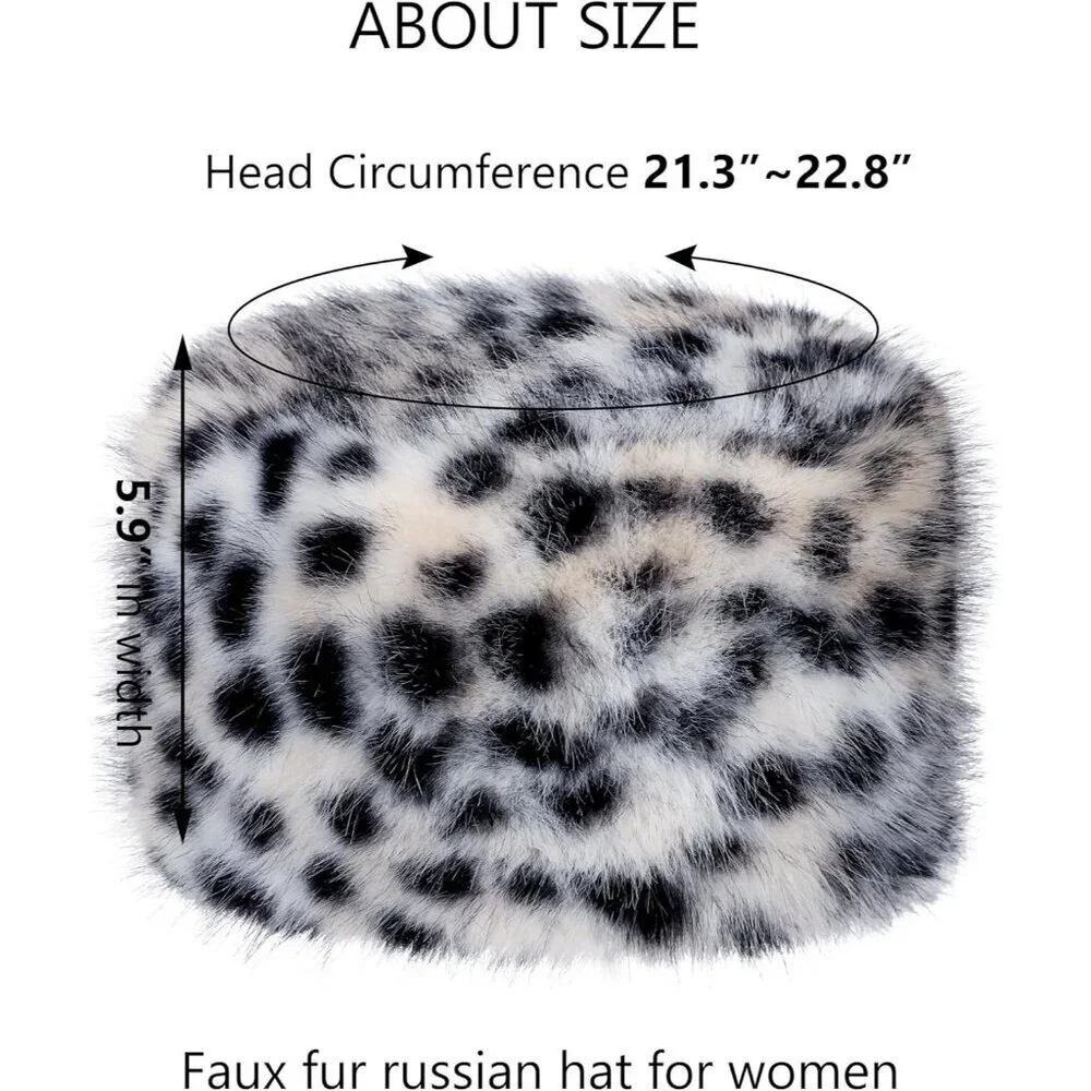 Women Black Leopard Warm Winter Hat Faux Fur Russian Cossack Style